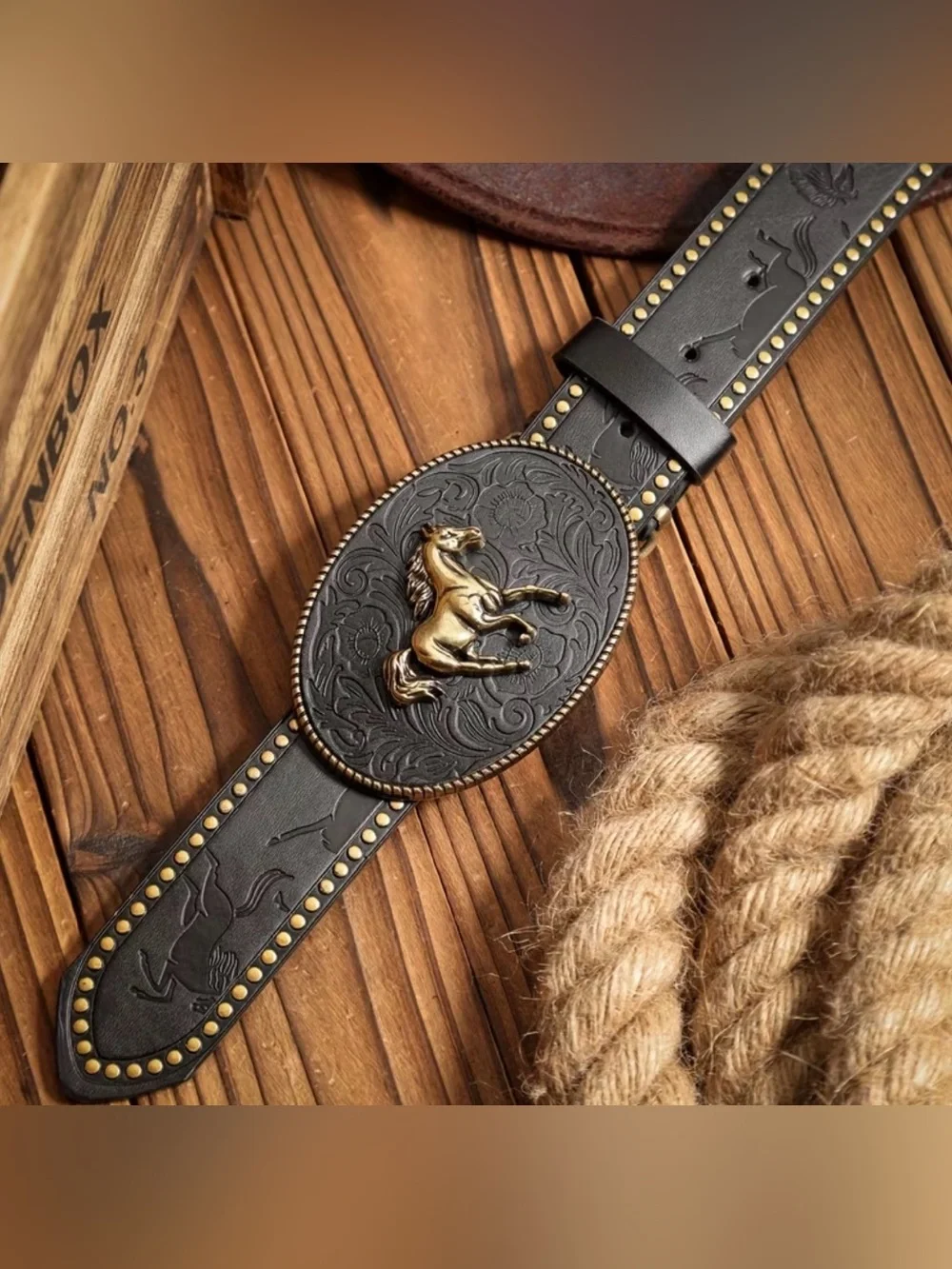 Western Belt Black Pu Leather Belt with Gold Horse Buckle